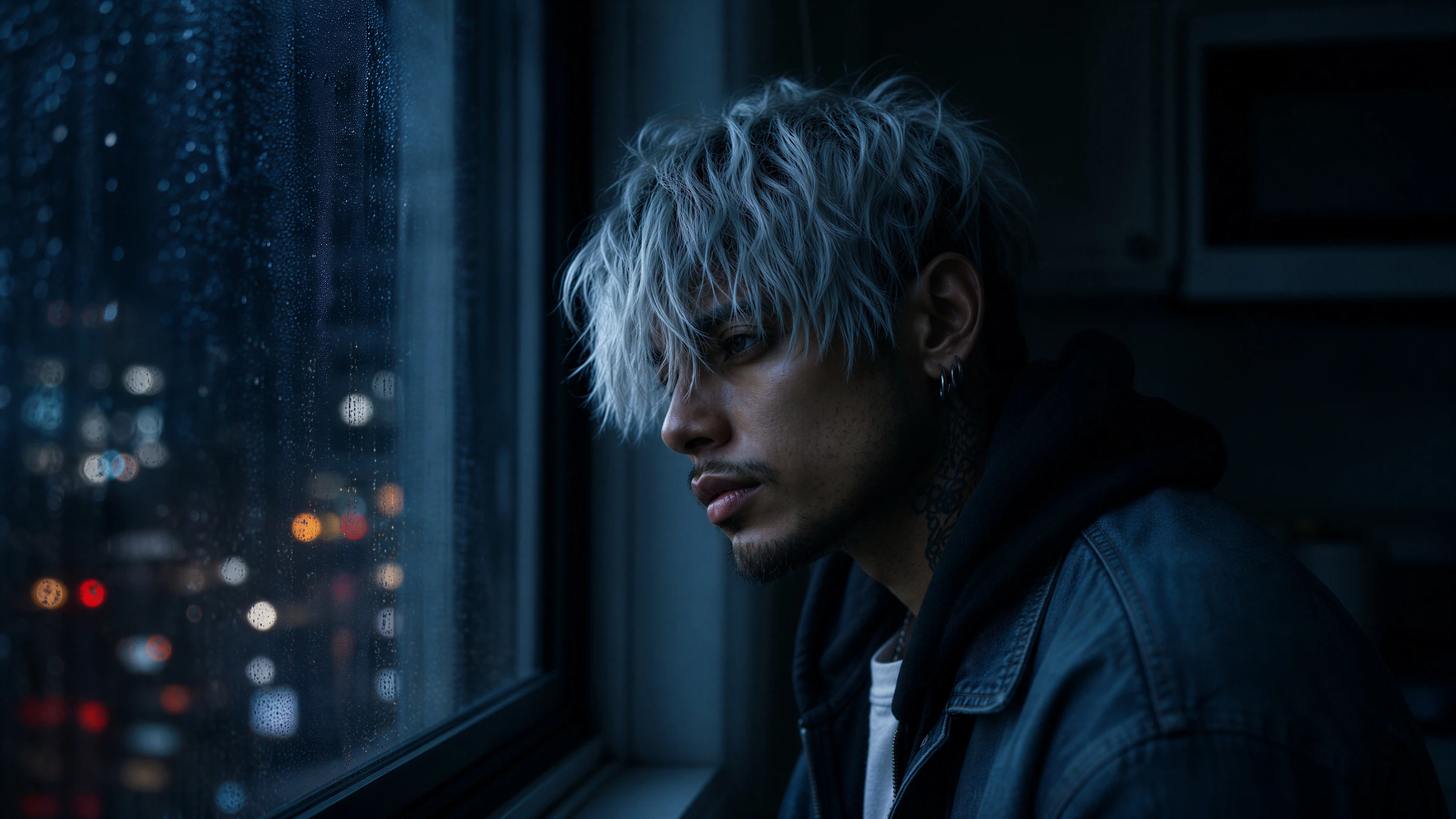 Mondrae beside a rainy window
